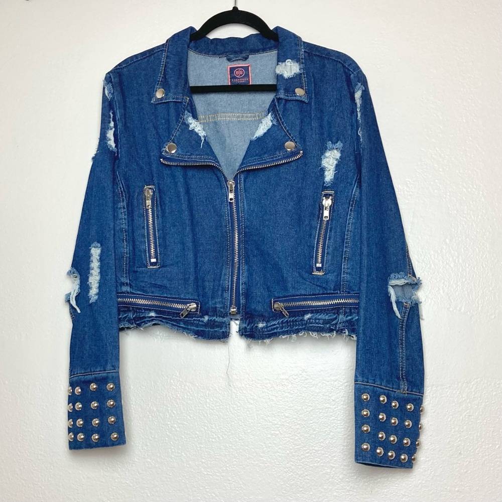 Studded Distressed Jean Zip Front Jacket Bold Unique Cropped Medium Wash Ripped